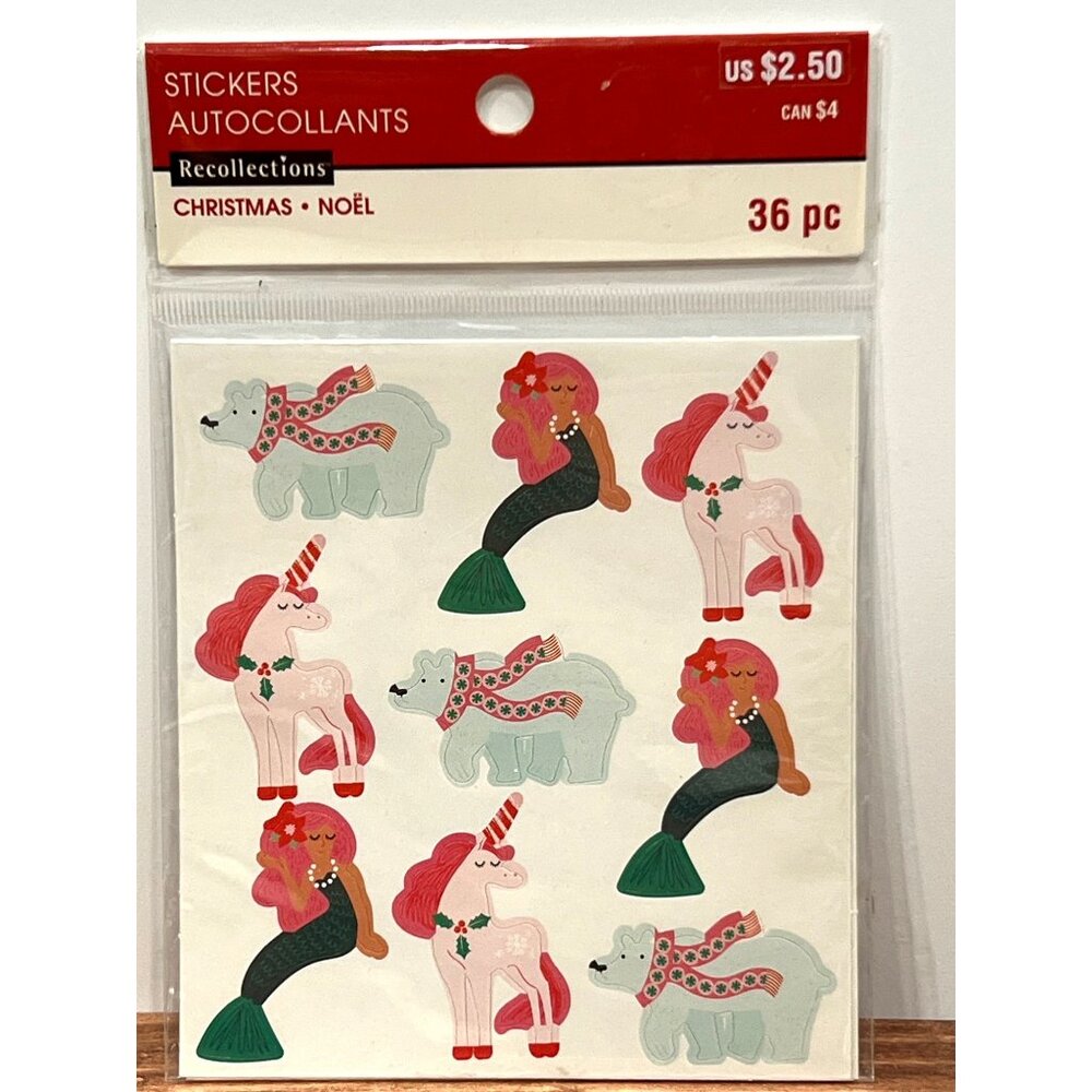 Recollections Christmas Noël Stickers 36 Pc Mermaid polar Bear Unicorn 564438